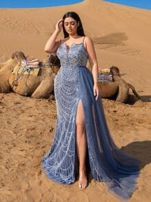 SD3247 Split-Thigh Beaded Mermaid Cami Gown - UK20 (2XL), Dusty Blue image