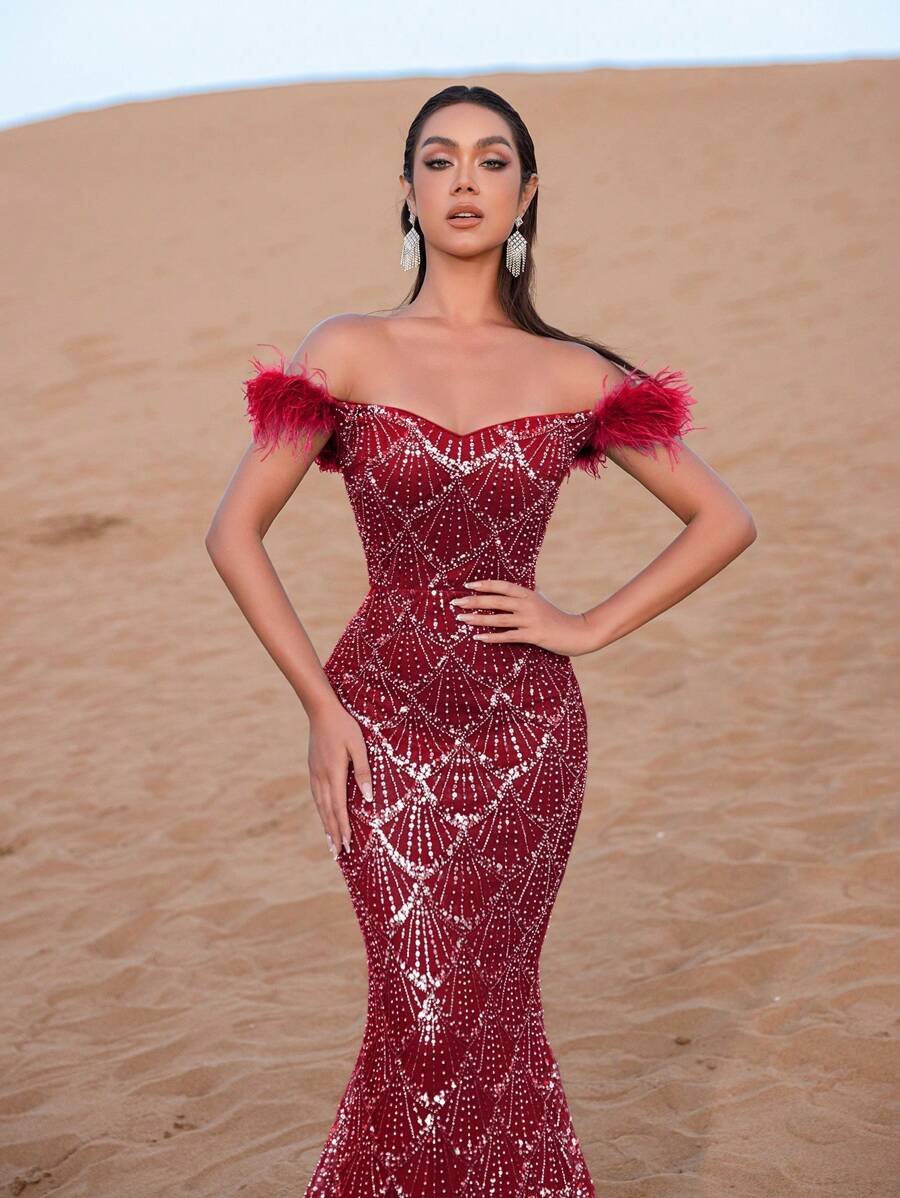 SD3219 Feather Accent Crystal Mermaid Gown - UK16(XL), Burgundy image