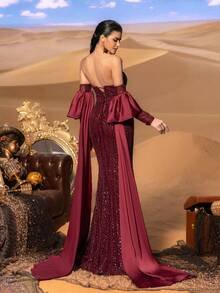 SD3222 Off-Shoulder Mermaid Gown with Flowing Sleeves - UK8(s), Burgundy image