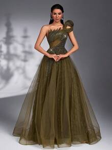 SD3266 Beaded Rhinestone Lace & Mesh Maxi Gown - Kelp, UK12 image