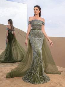 SD3215 Off-Shoulder Tulle Overlay Mermaid Gown - 12/14 (L), Olive Green image