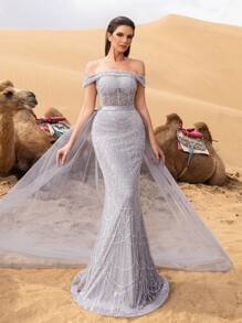 SD3215 Off-Shoulder Tulle Overlay Mermaid Gown - UK10(m), Gray image