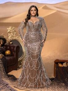 SD3245 One-Shoulder Fish-Scale Sequin Gown - UK22 (3XL), Coffee Brown image