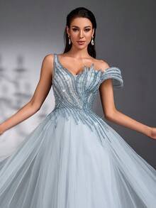 SD3179 Luxe Beaded Asymmetrical Tulle Maxi image 8