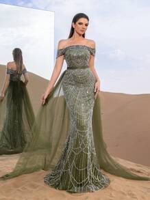 SD3215 Off-Shoulder Tulle Overlay Mermaid Gown - UK10(m), Olive Green image
