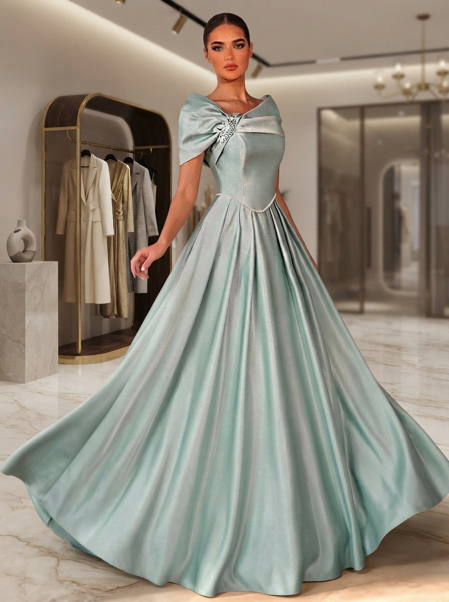 SDE3286 Light Gray-Green Satin Asymmetric Gown with Rhinestone Accent
