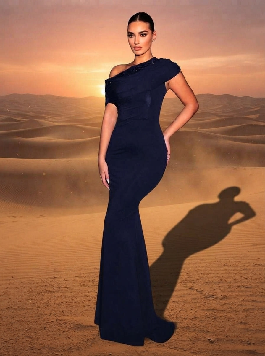 SDE3263 Black Sequined Embroidery One-Shoulder Fishtail Gown