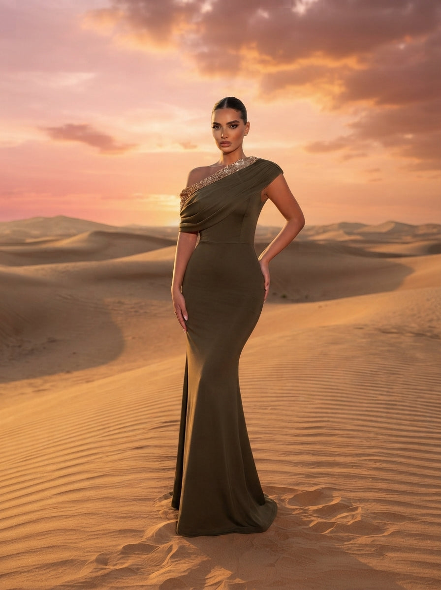 SDE3263 Black Sequined Embroidery One-Shoulder Fishtail Gown