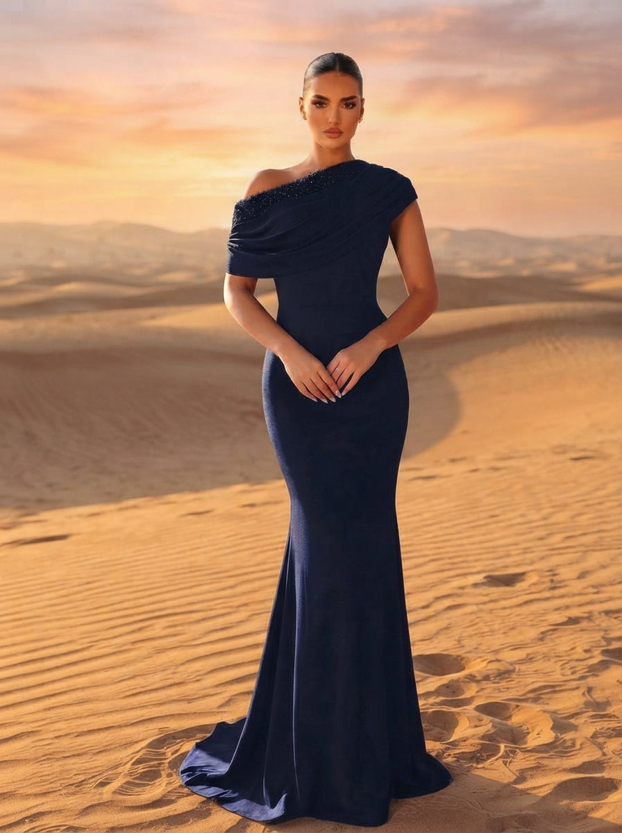 SDE3263 Black Sequined Embroidery One-Shoulder Fishtail Gown