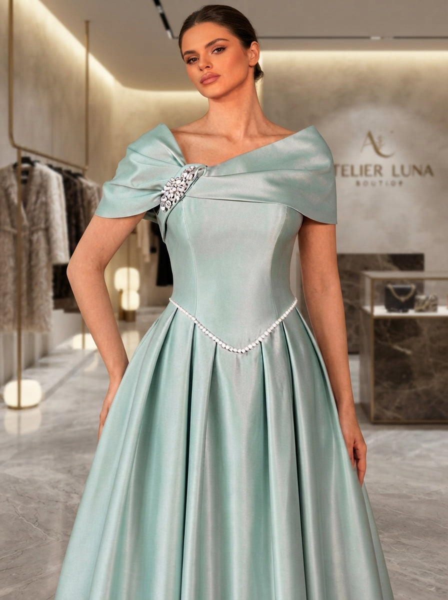 SDE3286 Light Gray-Green Satin Asymmetric Gown with Rhinestone Accent