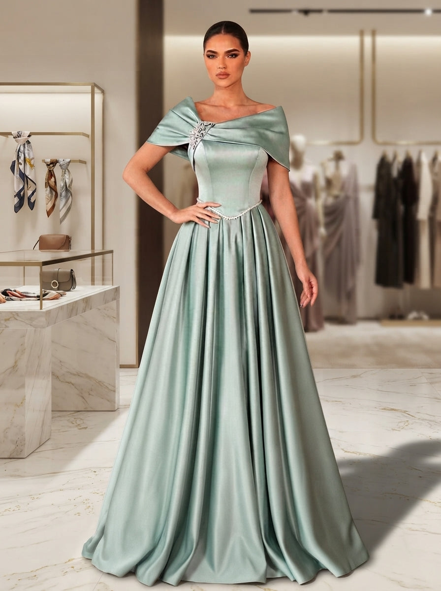 SDE3286 Light Gray-Green Satin Asymmetric Gown with Rhinestone Accent