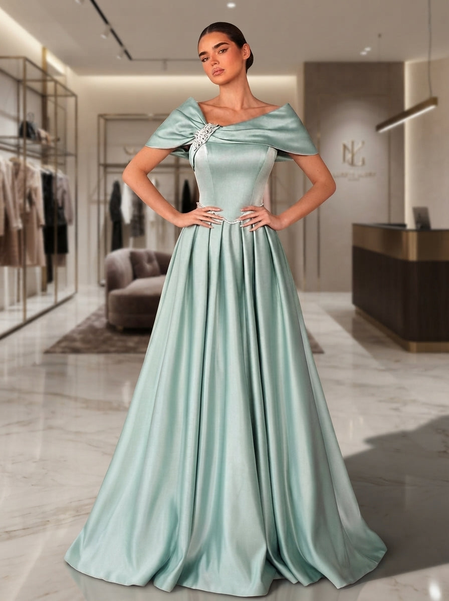SDE3286 Light Gray-Green Satin Asymmetric Gown with Rhinestone Accent