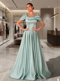 SDE3286 Light Gray-Green Satin Asymmetric Gown with Rhinestone Accent
