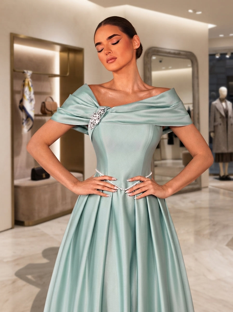 SDE3286 Light Gray-Green Satin Asymmetric Gown with Rhinestone Accent