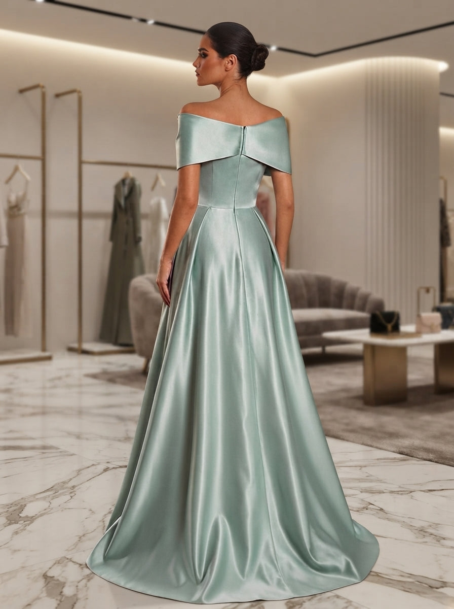SDE3286 Light Gray-Green Satin Asymmetric Gown with Rhinestone Accent