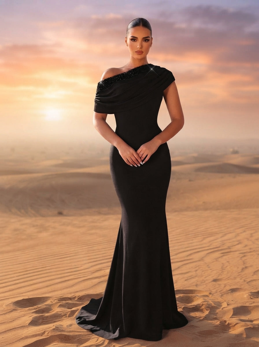 SDE3263 Black Sequined Embroidery One-Shoulder Fishtail Gown