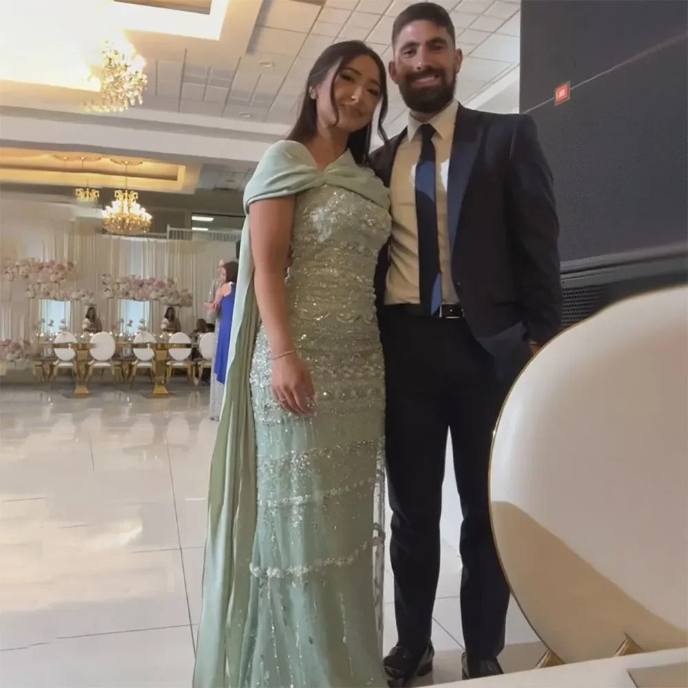 SDE5010 Luxury Saudi Arabic Sage Green Mermaid Evening Dress with Long Cape | Formal Gown