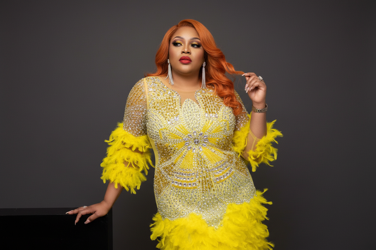 Model in Yellow Feather Maxi Dress