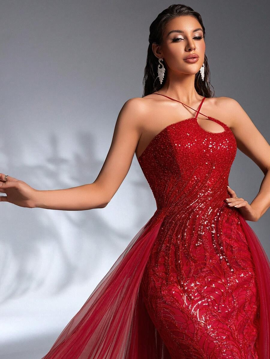 SD3185 Luxury Red Asymmetrical Trailing Gown