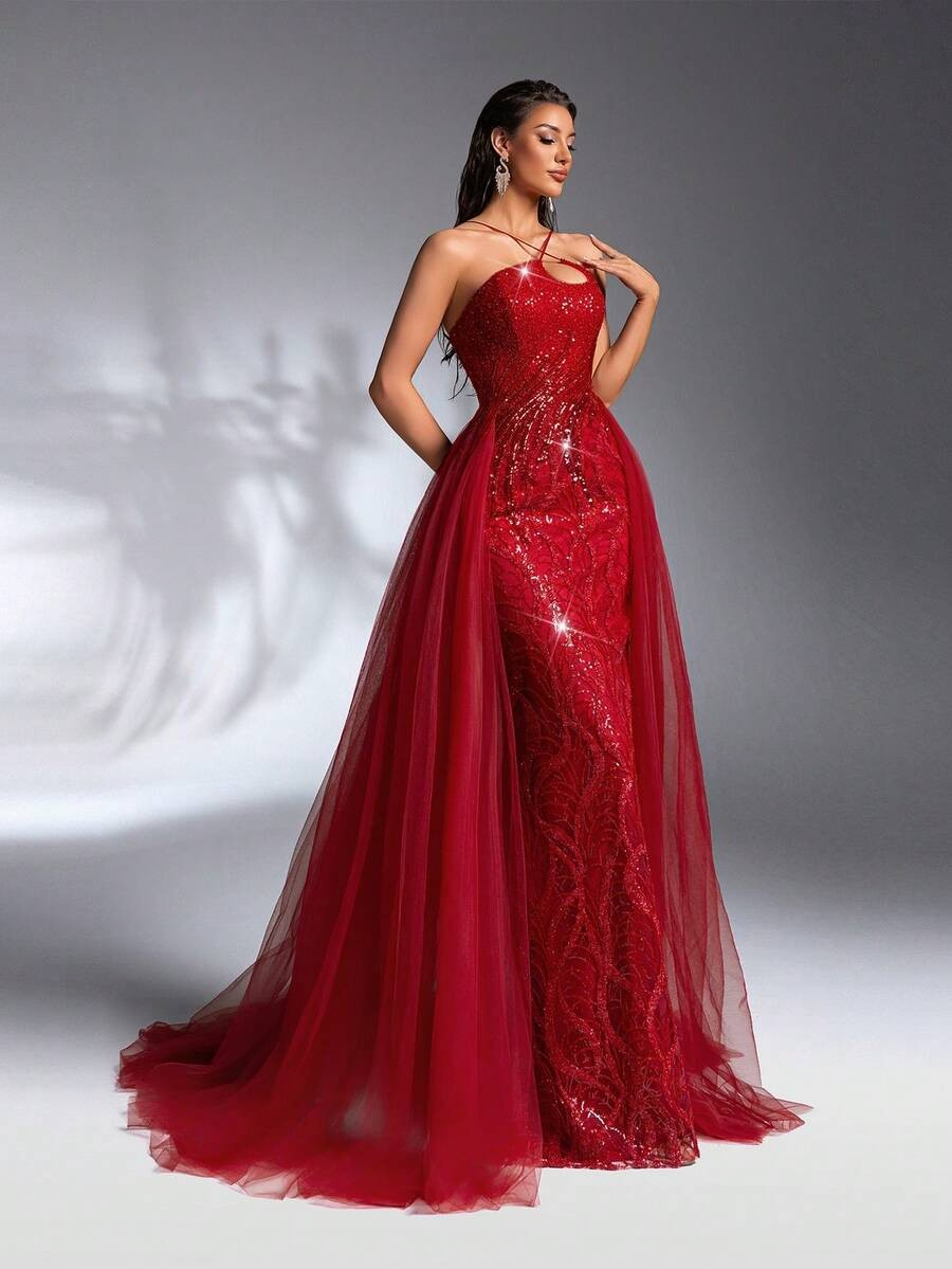 SD3185 Luxury Red Asymmetrical Trailing Gown