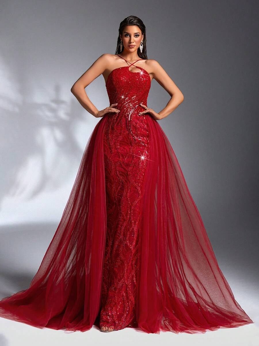 SD3185 Luxury Red Asymmetrical Trailing Gown