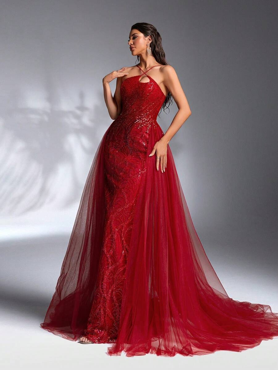 SD3185 Luxury Red Asymmetrical Trailing Gown