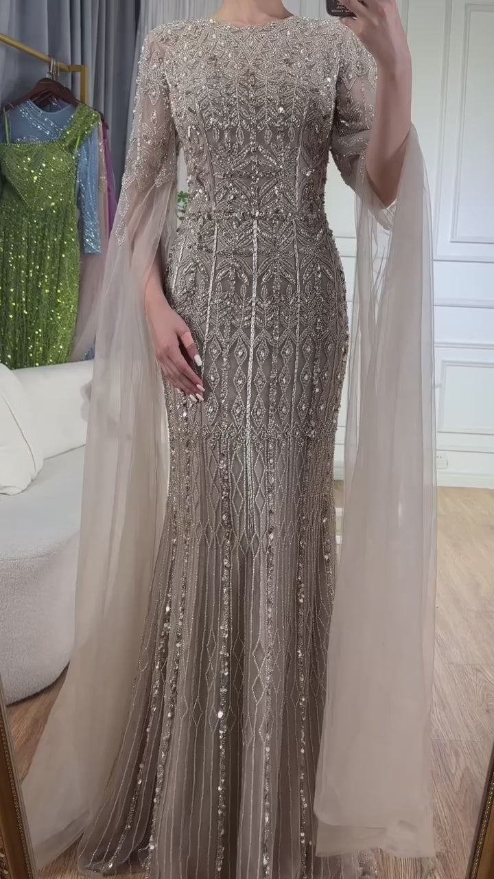 SDE5007 Luxury Saudi Arabia Caramel Mermaid Evening Gown with Cape Sleeves | Formal Dress