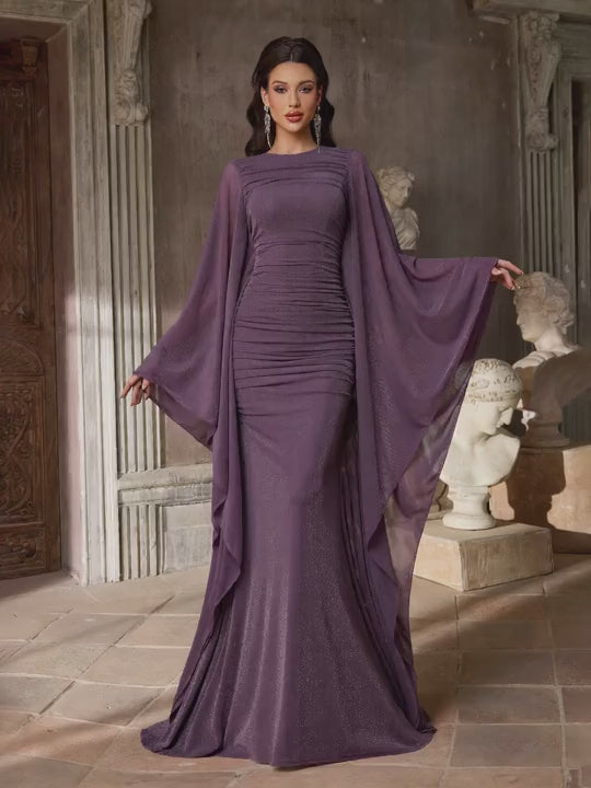 SDE3254 Knitted Satin Cape Sleeve Bodycon Mermaid Dress