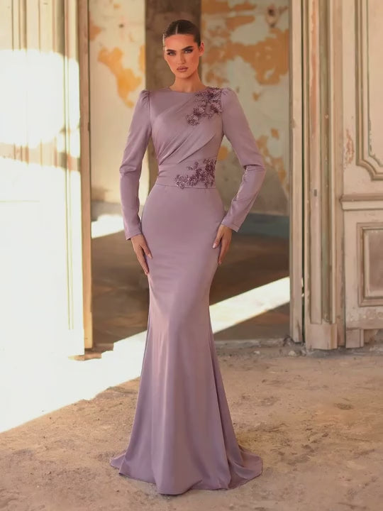 SDE3261 Gray-Purple Satin Lace Applique Mermaid Gown