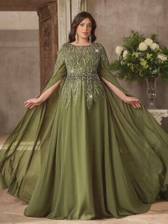 SDE3287 Plus Size Olive Green Beaded Embroidery Chiffon Dinner Gown