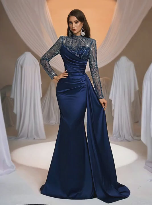 SDE3260 Navy Blue Sequin Patchwork Satin Evening Gown