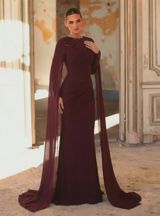SDE3243 Aureia Dark Red Sequin Chiffon Gown