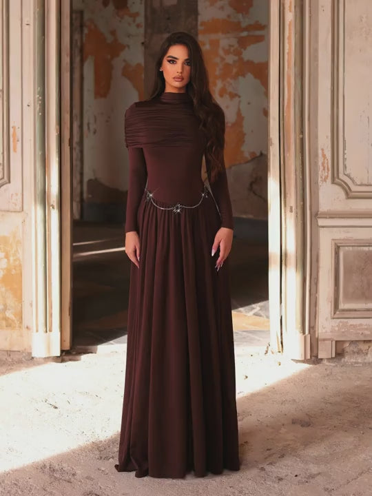 SDE3276 Deep Brown Stretch Knit Off-The-Shoulder Gown with Metallic Embellishments