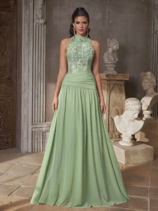 SDE3284 Luxury 3D Floral Sequin Asymmetric Pleated Gown