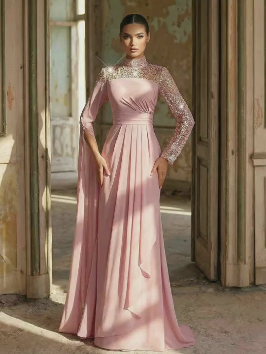 SDE3275 Pink Sequined Embroidered Chiffon Fishtail Gown
