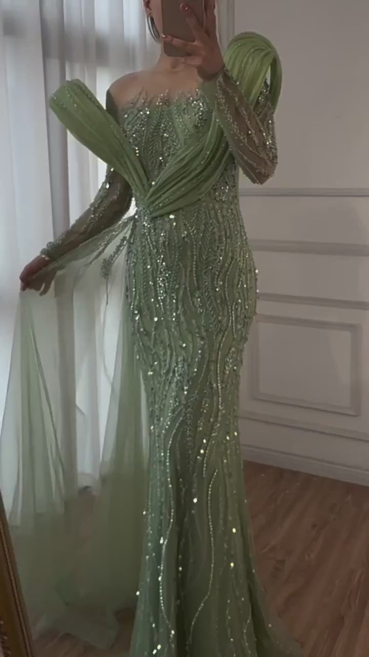 SDE5021 Elegant Beaded Sage Green Evening Dress Gown with Flowing Hem