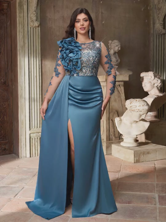 SDE3272 Plus Size Olive Green Beaded Taffeta High-Slit Gown
