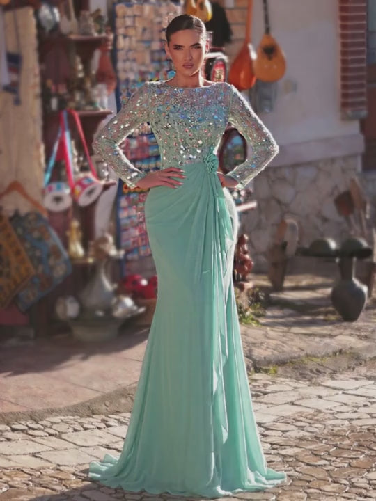 SDE3288 Vanilla Green 3D Floral Sequin Asymmetric Chiffon Gown