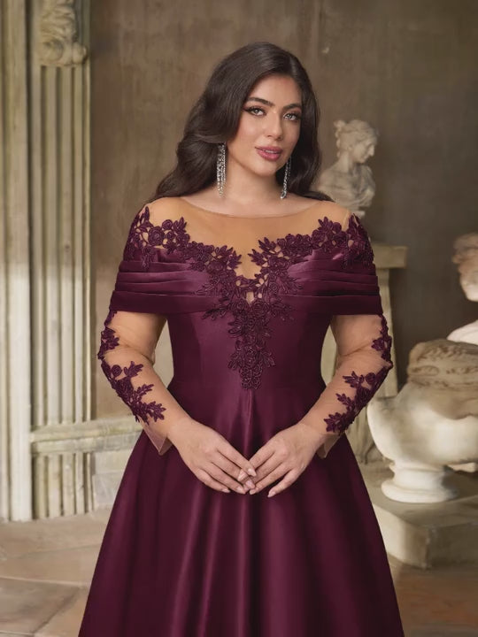 SDE3252 Plus Size Burgundy Lace Applique Off-Shoulder Satin Dress
