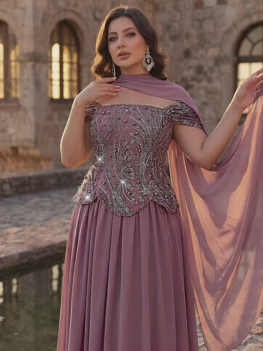 SDE3283 Plus Size Purple Pearl Sequin Floral Gown