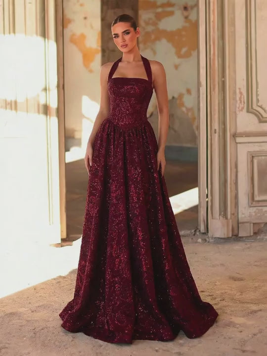 SDE3250 Elegant Burgundy Jacquard Halter Formal Evening Gown