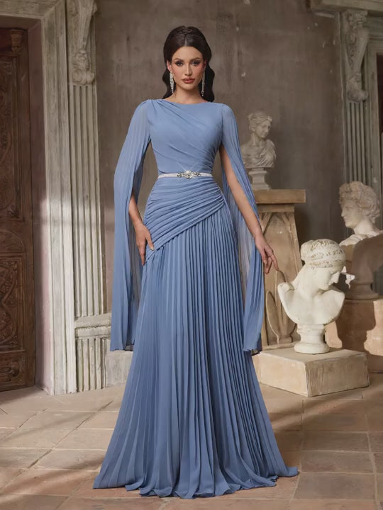SDE3268 Blue Chiffon Pleated Evening Gown with Detachable Silver Belt
