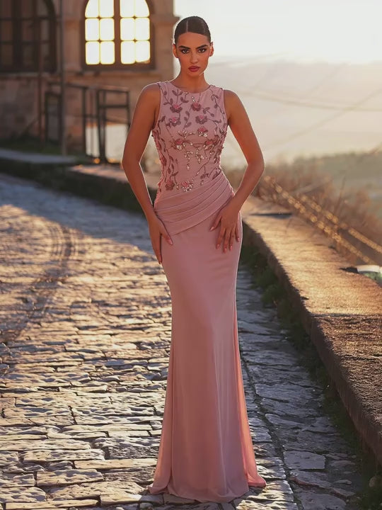 SDE3266 Dark Pink Chiffon 3D Floral Sequin Fishtail Gown