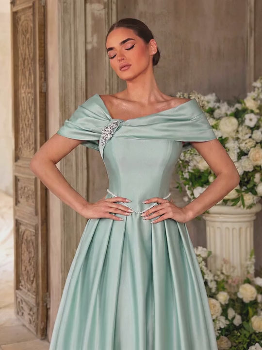 SDE3286 Light Gray-Green Satin Asymmetric Gown with Rhinestone Accent