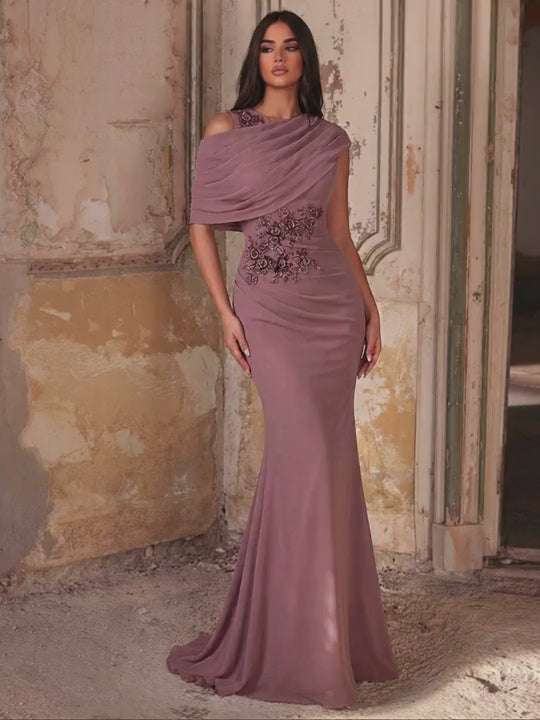 SDE3253 Elegant Sequin Applique Chiffon Mermaid Dress