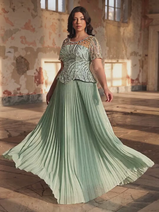 SDE3282 Plus Size Sage Green Sequin & Rhinestone Chiffon Flared Gown