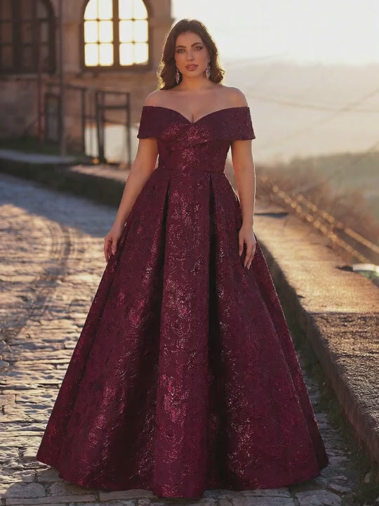 SDE3256 Plus Size Burgundy Jacquard Off-Shoulder Ball Gown