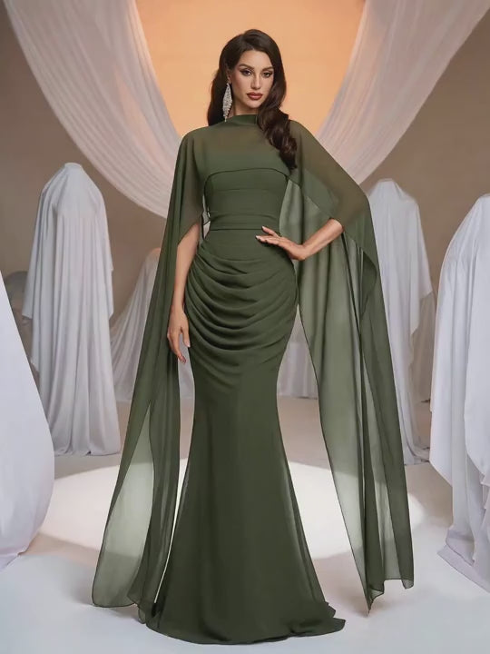 SDE3251 Olive Green Chiffon Fishtail Gown with Cape