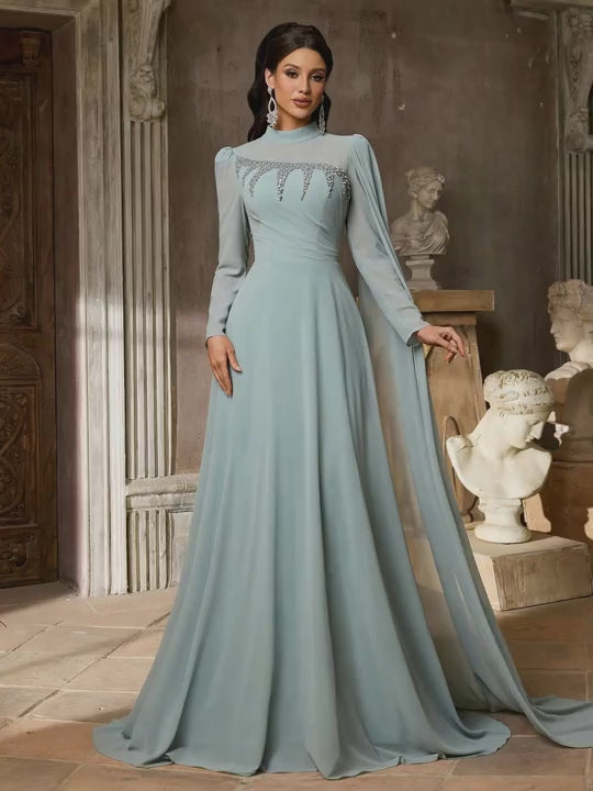 SDE3292 Gray-Green Rhinestone Embellished Chiffon A-Line Gown