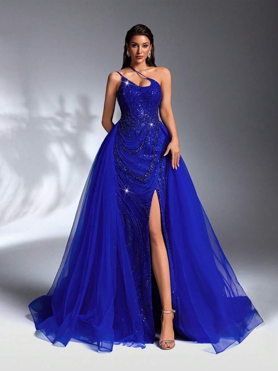 SD3207 Deep V-Neck Beaded Flared Mesh Gown